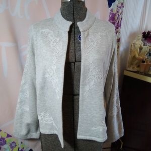 Soft Surroundings gray sweatshirt knit floral embroidered open cardigan jacket